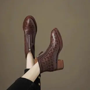 Women's Short Boots 2025 New Autumn Winter Zipper Vintage Chunky Heel Middle Heel Shoes Comfortable Warm Non Slip Fashion Boots