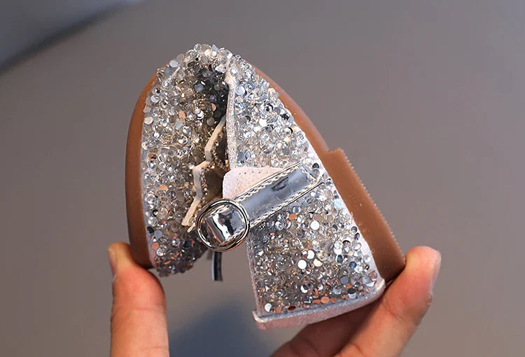 Girl's Princess Shoes Crystal Sequins Bowtie Party Glitter Children Mary Janes Three Colors Wedding Shallow Chic Kids Shoe 26-36