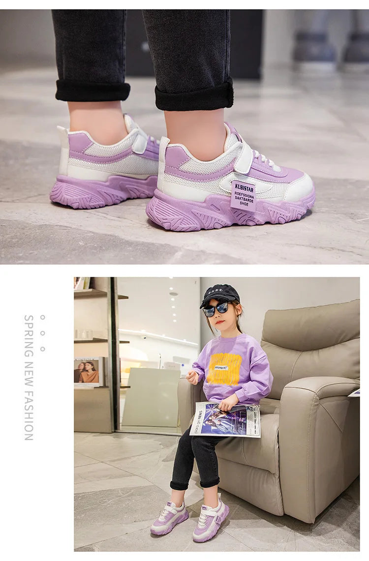 Spring New Kids Sneakers 2023 PU Girls Casual Mesh Solid Pink Light Boys White Hook & Loop Children Non-slip Sports Shoe Fas