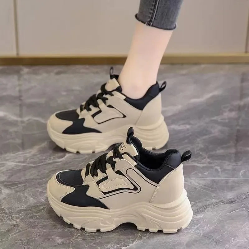 Women's 2026 Spring Sneakers with Thick Bottom and Leather Face High Inner Heel Shoes Comfortable for Sports and Casual Wear