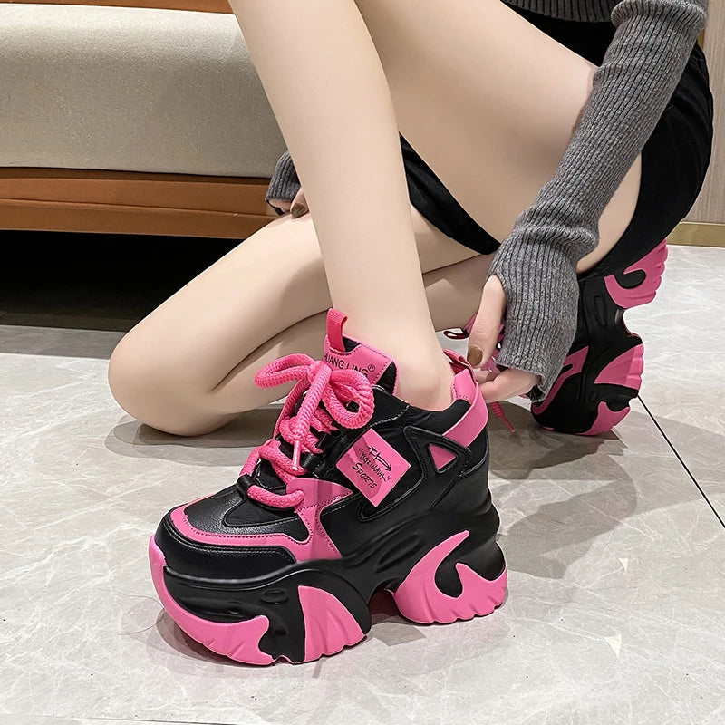Women Walking Sneakers 2025 Spring Lace-up High Platform Chunky Shoes Breathable Leather Shoes 10CM Wedge Heels Casual Shoes