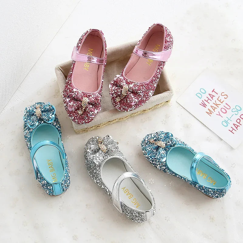 Party Dresses for Girl 2025Spring Fashion Glitter Girl Shoe Water Diamond Princess Shoe Soft Sole Kid Shoes Bow Kid Leather Shoe