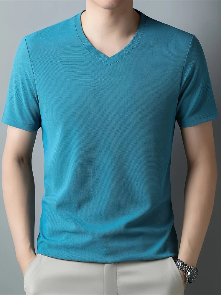 Men's Solid Color V-neck Short Sleeve T-shirt  Comfy And Breathable Tees  Men  Casual And Chic Tops  Summer Daily Wear