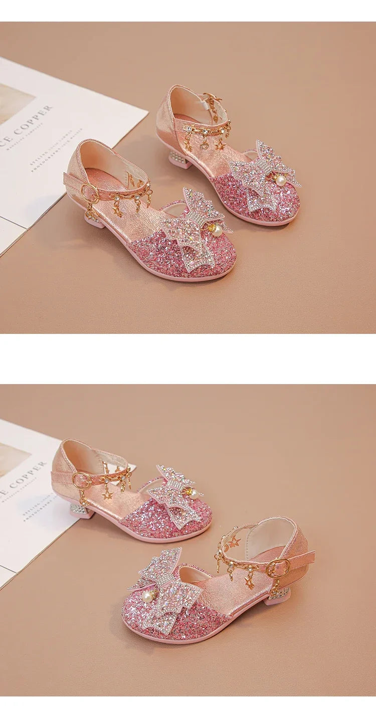 Girls High Heeled Leather Shoes High Heels for Wedding Party Glitter Rhinestone with Bow-knot Kids Dress Pendant Bling Sparkling