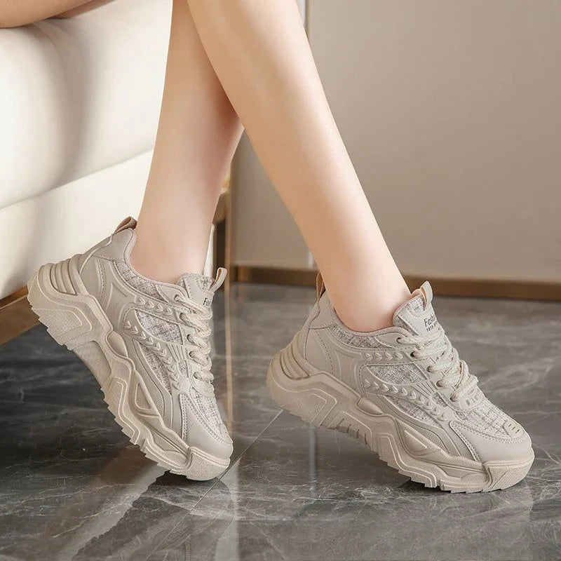 Women's Platform Sneakers - Mesh & Leather Chunky Sole, Breathable Non-Slip, Stylish Casual Sports Shoes for Daily & Dating