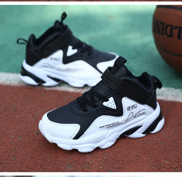 Boys Autumn Leather Sneakers Children Waterproof Wear-resistant Basketball Shoes Boys Color blocking Casual Soft soled Sneakers