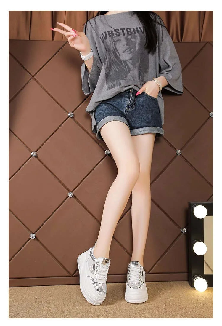 Women's White Chunky Sole Sneakers – Breathable Mesh Shoes with Thick Platform and Air Cushion for Casual Wear