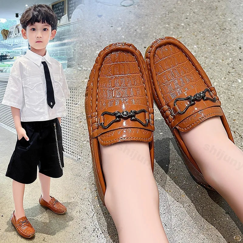 Children's Leather Shoe Boys Moccasins Non-slip Britain Style Round-toe Flat Shoes 2025 Autumn Fashion Casual Kids Loafers