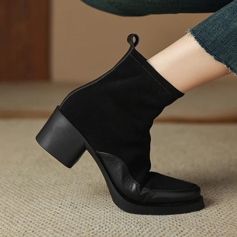 2025 New Women's Short Boots Genuine Leather Retro Chunky Heel High Heel Boots Female Large Size Pointed Toe Women Ankle Boots