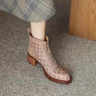 Women's Short Boots 2025 New Autumn Winter Zipper Vintage Chunky Heel Middle Heel Shoes Comfortable Warm Non Slip Fashion Boots