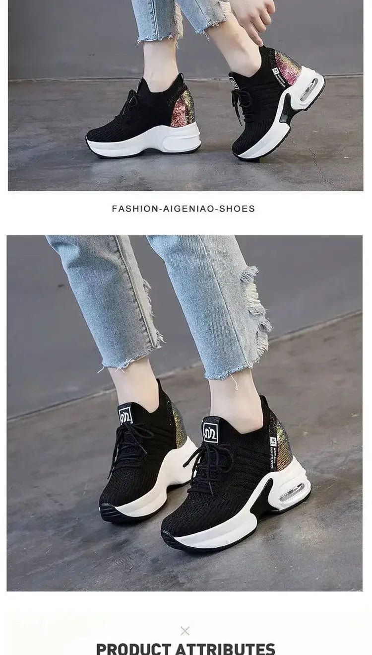 2025 Women's Sneakers Spring Sequined Casual Shoes Woman Platform Heels Wedges Height Increasing Knitted Ladies Vulcanized Shoes