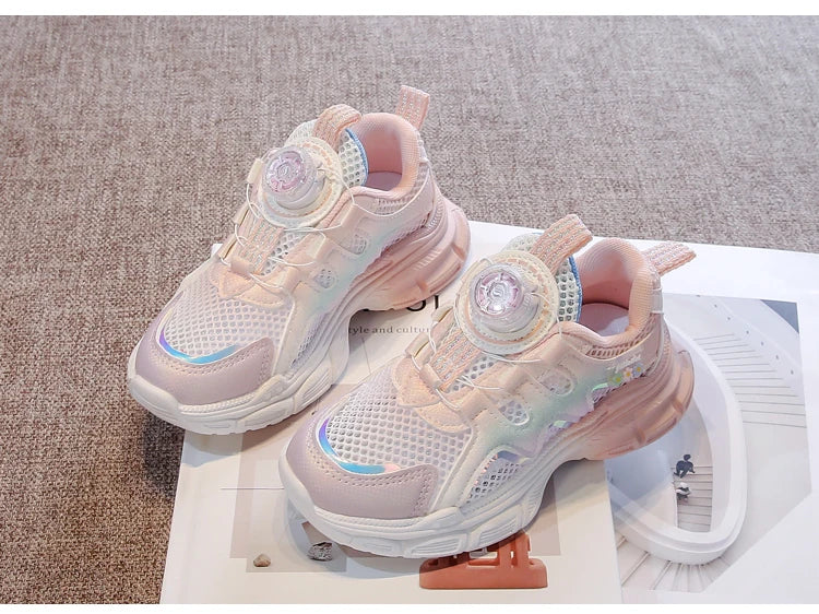 Girls Sneakers with Sweet Flowers Children Running Shoes Rotating Button 2025 New Kids Sports Shoes Princess Style Comfortable