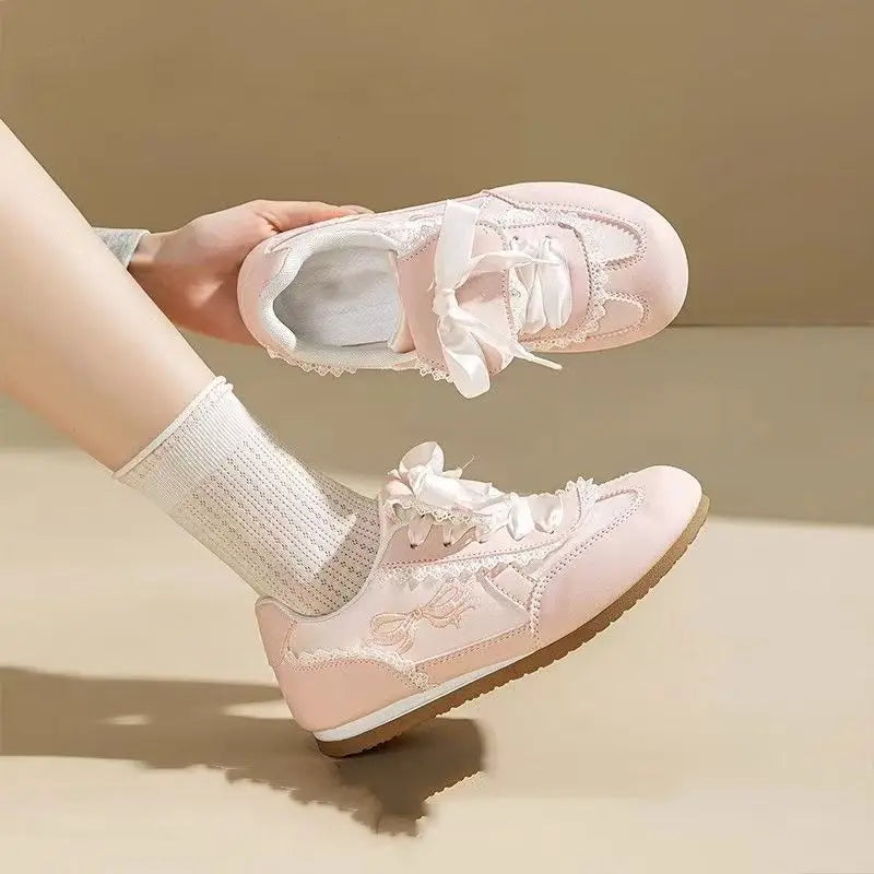 Girly Dopamine Pink Sneakers 2025 Fall New Women's Lightweight Ballet Flats Round Toe Lace Detail White Casual Walking Shoes