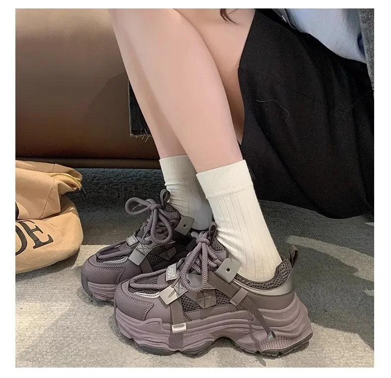 Women's Chunky Sneakers  Breathable Mesh Platform Sports Shoes Woman Fashion Lace Up Thick Sole Casual Shoes Mujer 2024