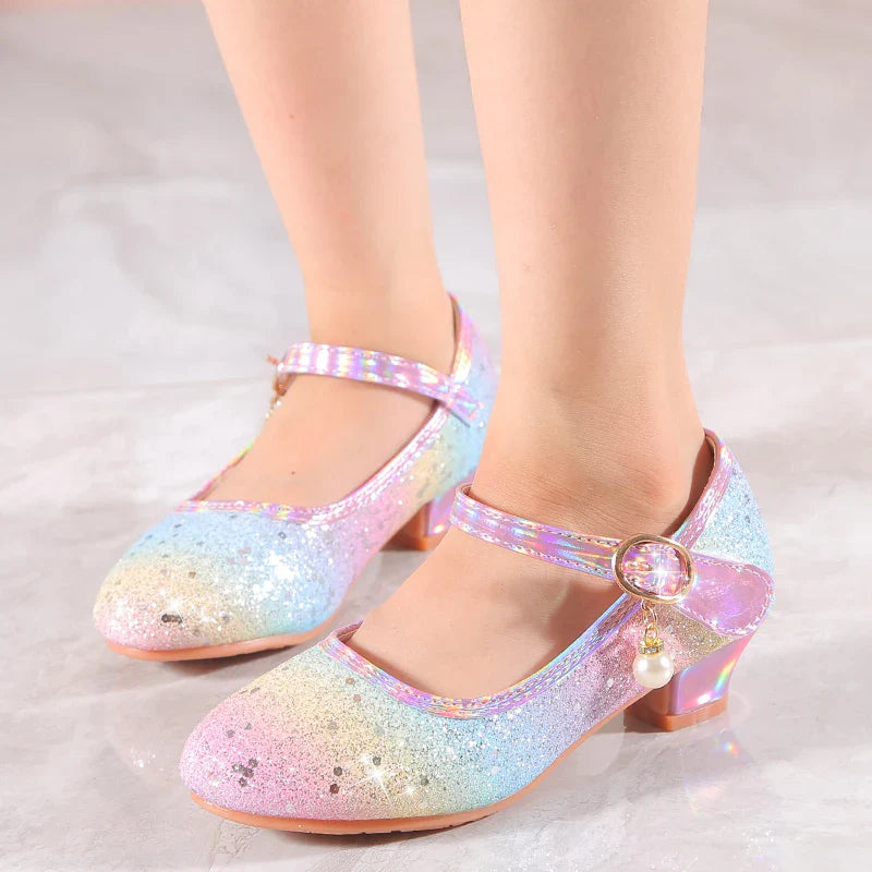 YUNICUS Girls High Heels Princess Shoes Students Children's Single Shoes Little Girl Performance Sequins Glitter Leather Shoes
