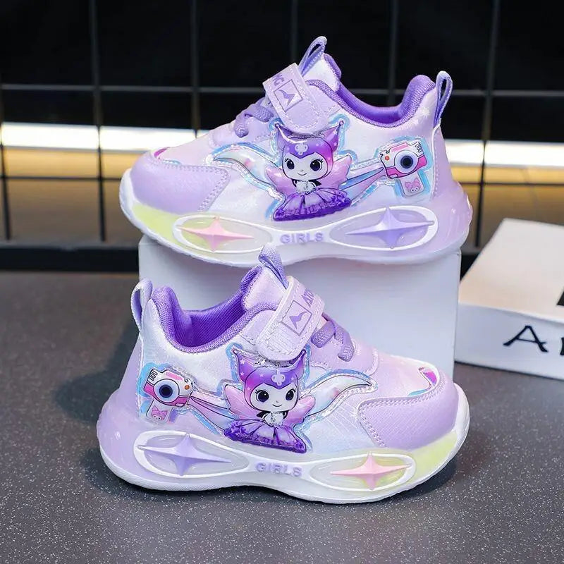 Sanrio Kuromi Girls Light Up Sneakers New Waterproof Leather Princess Running Casual Sports Shoes with Cotton Lined for Kids