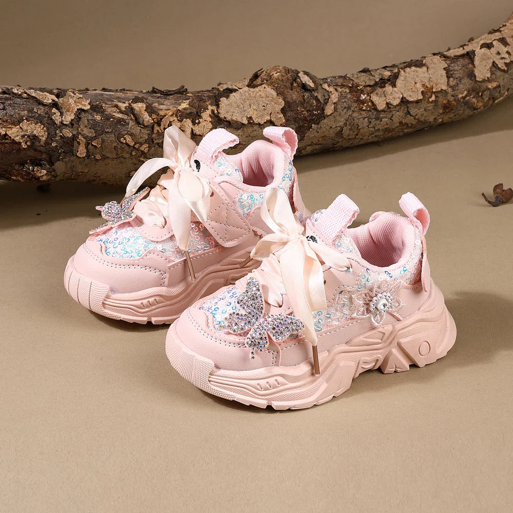 Children Shoes 2025 New Spring Toddler Girls Sport Shoes Bling Bling Soft Sole Breathable Outdoor Tennis Fashion Kids Sneakers