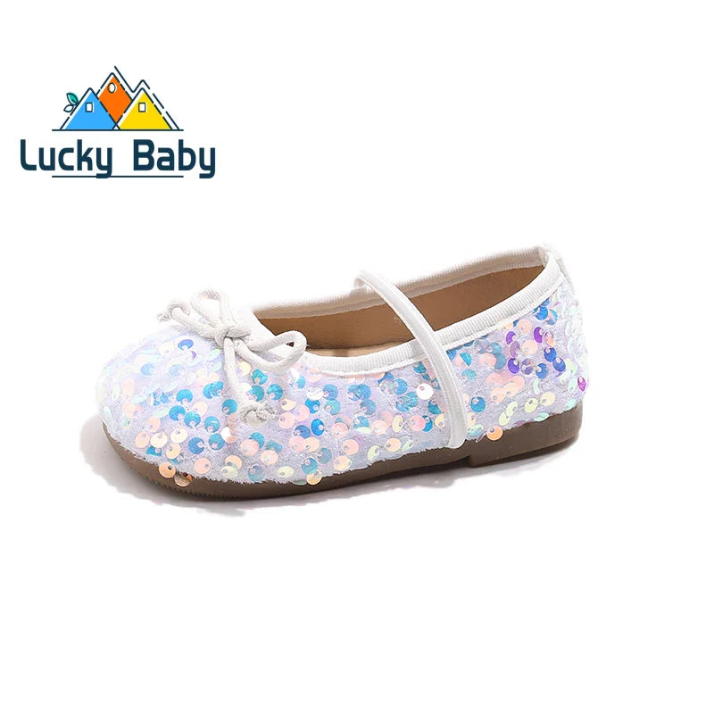Girls Shoes Kids Glitter Leather Shoes for Wedding Stage Party Sequins Bling Shiny with Bow-knot Princess Soft Children's Flats