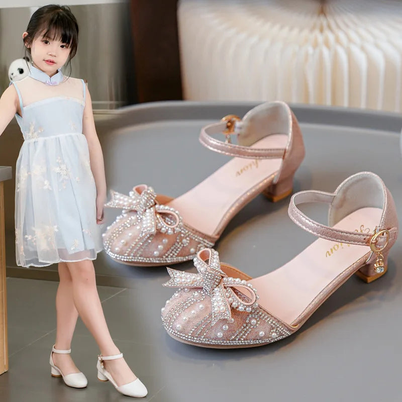 Girls' Bow Sandals Fashion Princess Shoes for Party Wedding 2025 Summer New Kids Rhinestone High Heels Children's Leather Shoes