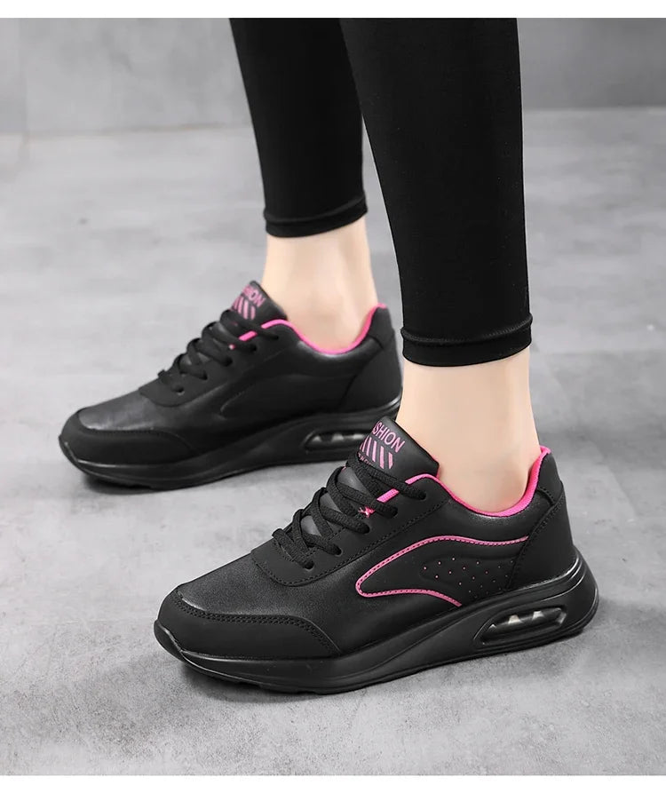 2025 New Women's Fashionable Sneakers Leather Women's Casual Shoes Lace Up Flat Shoes Ladies Lightweight Fitness Walking Shoes