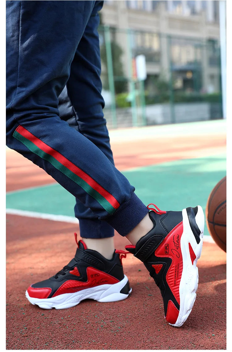 Boys Autumn Leather Sneakers Children Waterproof Wear-resistant Basketball Shoes Boys Color blocking Casual Soft soled Sneakers