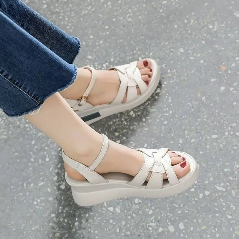 2024 Summer NewWomen's Sandals Casual Retro Hollow Button Sandals Women's Open-toe Sandals Fashion Comfortable Slope Heel Sandal