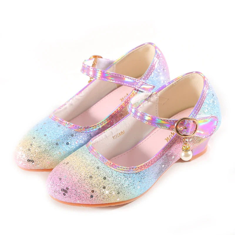 YUNICUS Girls High Heels Princess Shoes Students Children's Single Shoes Little Girl Performance Sequins Glitter Leather Shoes