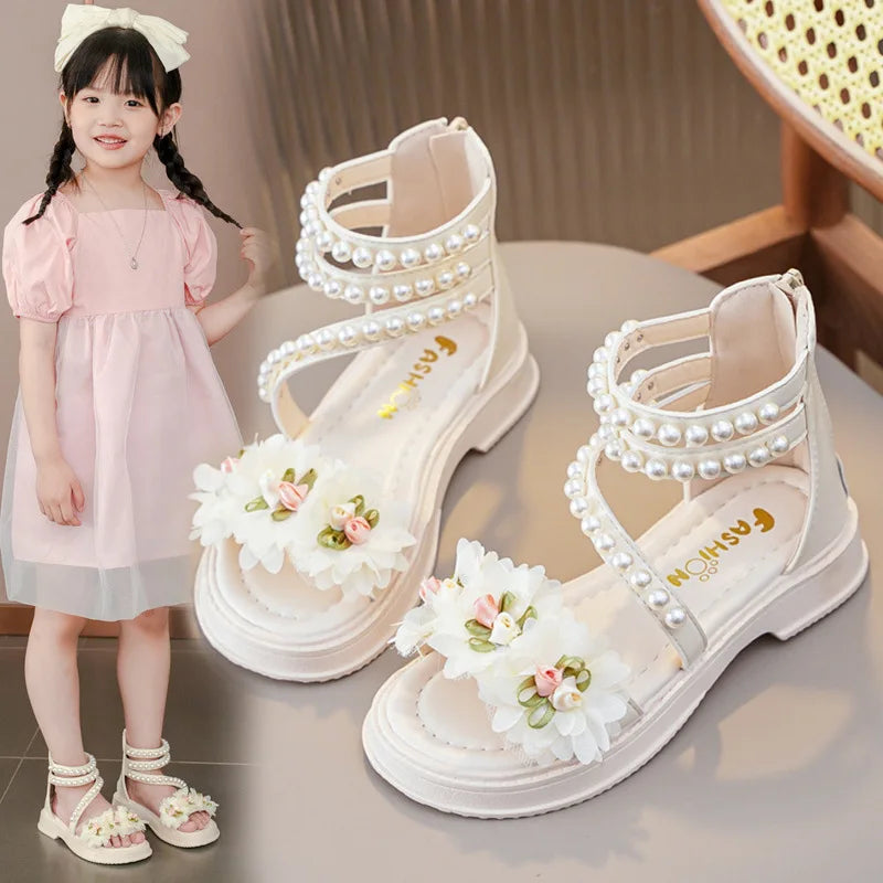 Children's Sandals Summer Bowtie Princess Shoes for Girls Fashion Sweet Kids Causal Pearl Roman Sandals Solid Color Hook Loop