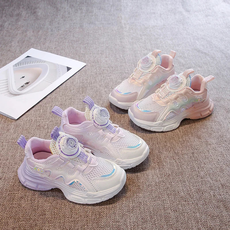 Girls Sneakers with Sweet Flowers Children Running Shoes Rotating Button 2025 New Kids Sports Shoes Princess Style Comfortable