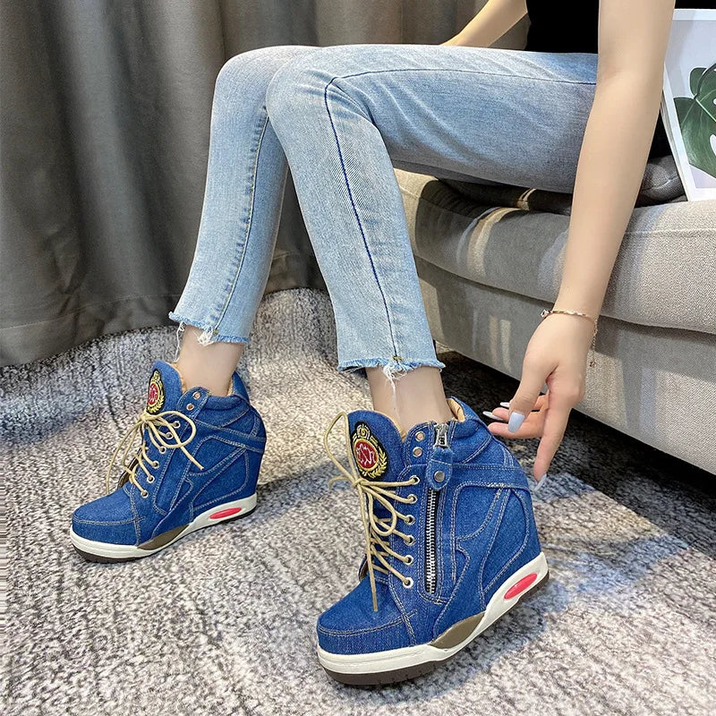 Womens Sneakers Shoes 2025 Fashion Platform Designer Thick Sole Casual Hoof Heels TPR Autumn Round Toe Solid High Increased Inte
