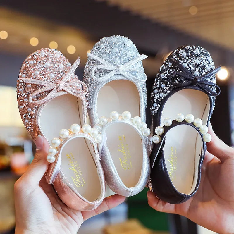 Children's Wedding Shoes Princess Party Girls' Shoes Mary Jane Flats Elastic Shoes Baby Fashion Pearl Diamond Kids Dance Shoes