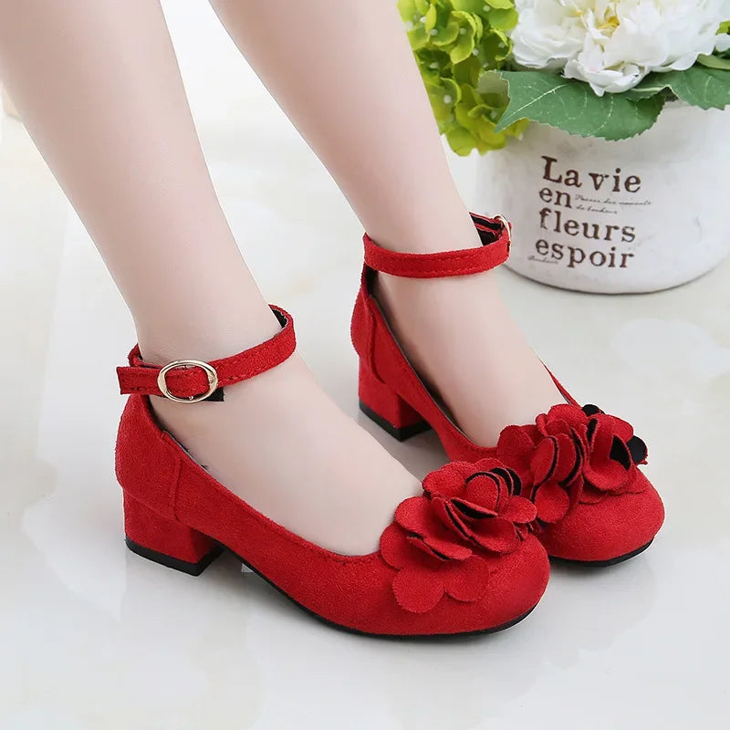 Girls Party Shoes High Heeled Fashion Princess with Flowers Sweet Chic Kids Leather Shoes for Wedding Model Shoes Ankle-strap