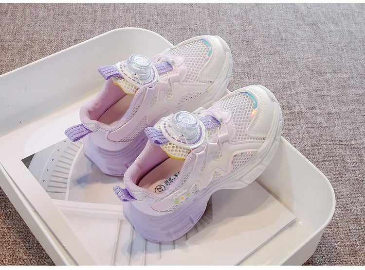 Girls Sneakers with Sweet Flowers Children Running Shoes Rotating Button 2025 New Kids Sports Shoes Princess Style Comfortable