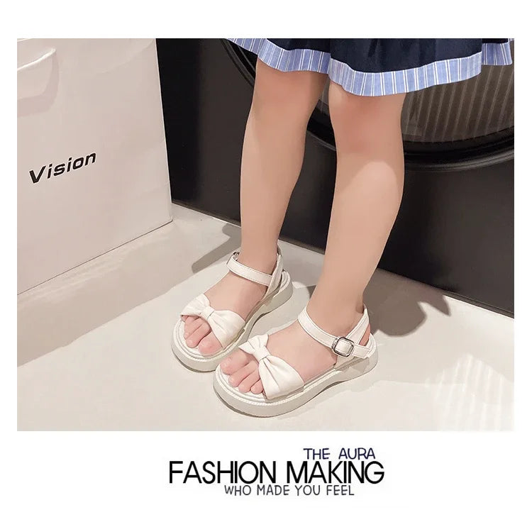 Girls Summer Beach Sandals 2025 New Solid Color Kids Causal Sandals Fashion Sweet Bow School Versatile Children Princess Shoes