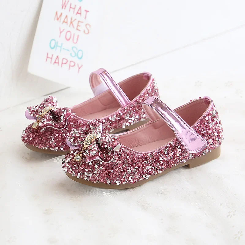Party Dresses for Girl 2025Spring Fashion Glitter Girl Shoe Water Diamond Princess Shoe Soft Sole Kid Shoes Bow Kid Leather Shoe