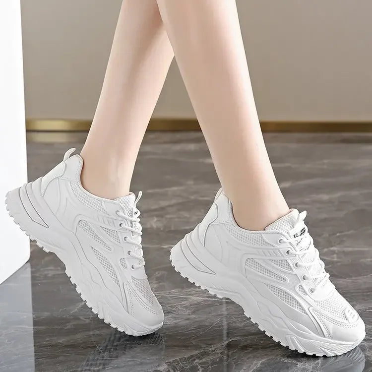 White Sneakers Women 2024 New Leather Chunky Sneakers Women's Sports Shoes Thick Tennis Vulcanized Shoes Basket Platform Shoes