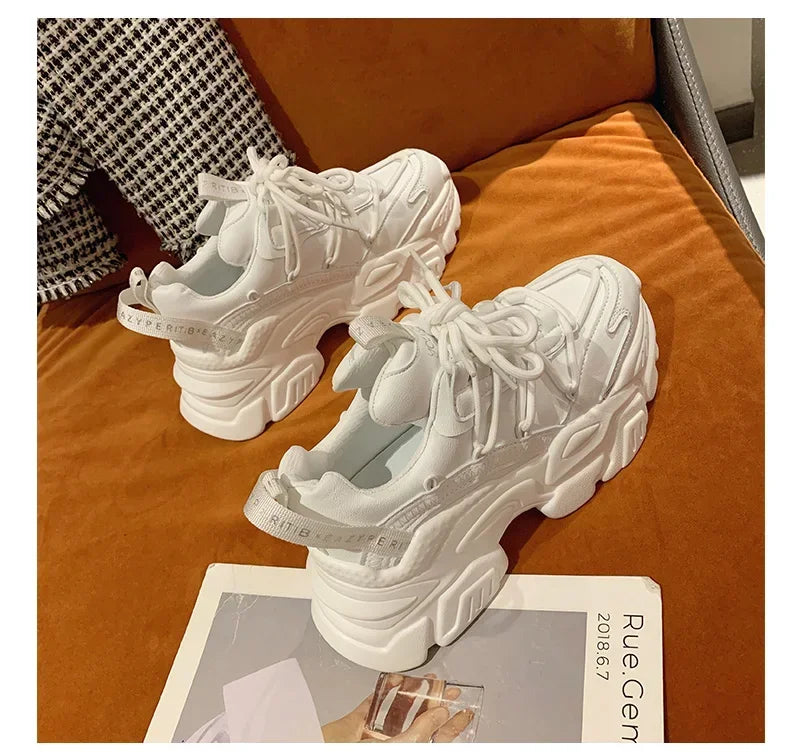 Platform Sneakers for Women Fashion White Lace Up Running Shoes Casual Comfortable Round Toe Chunky Sport Shoes Zapatos De Mujer