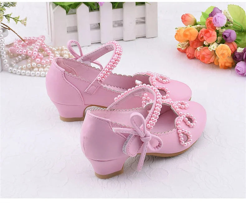 New Princess Kids High Heels Shoes Girls Wedding Dress Party Leather Shoes Children's White Shoes Performance Shoes for Students