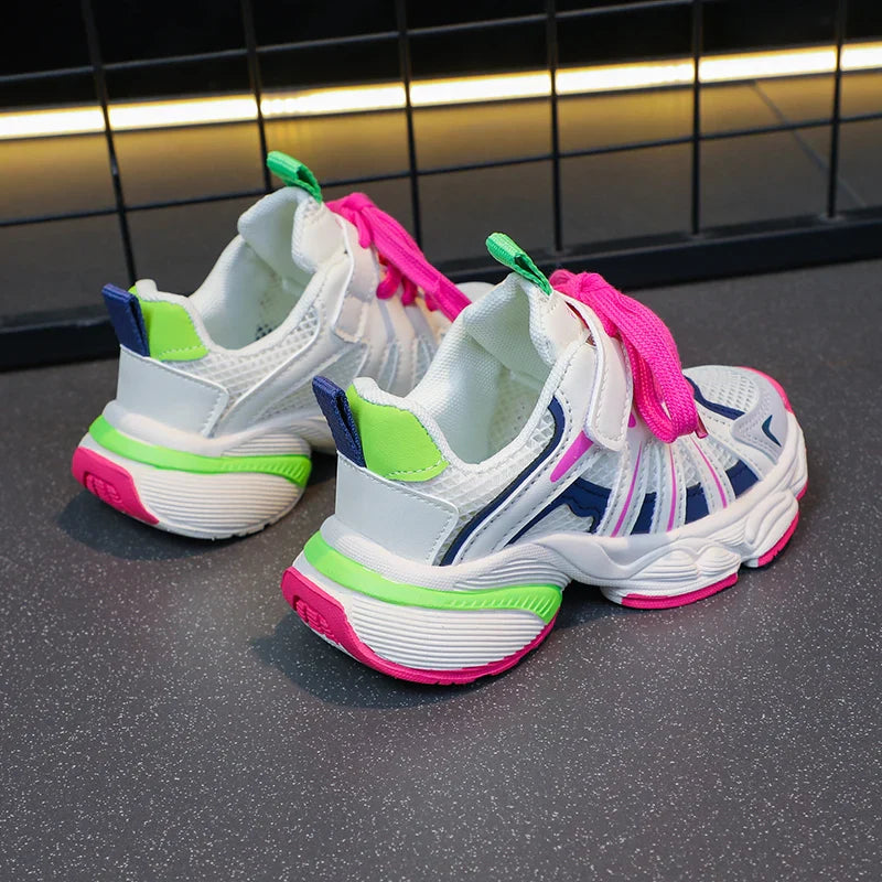 Girl's Color Block Mesh Breathable Chunky Shoes Comfy Non Slip Lace Up Durable Sneakers For Kid's Outdoor Activities
