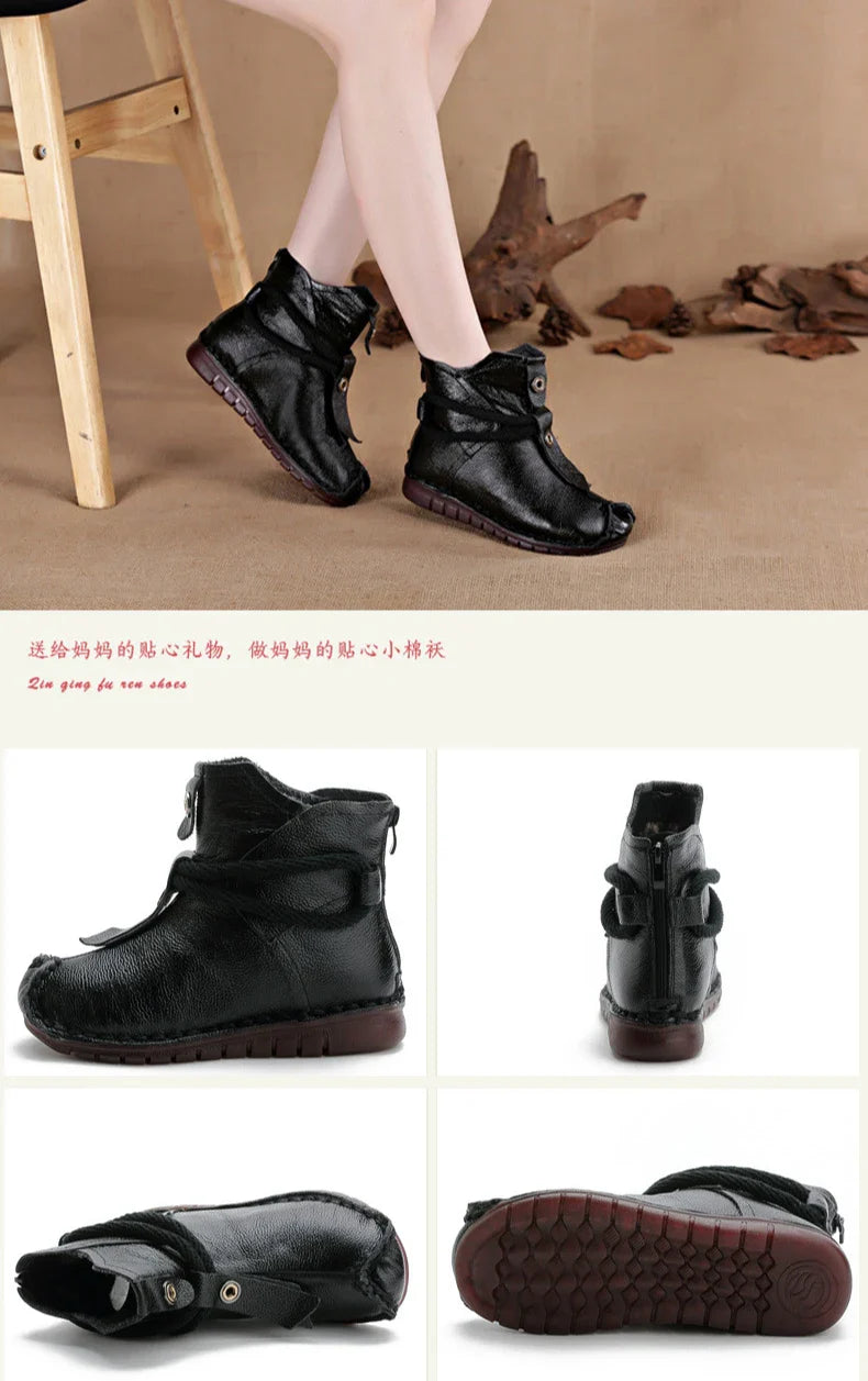 Women's Boots 2025 Autumn and Winter New Flat Soft Soled Short Boots National Style Vintage Womens Shoes Warm and Cotton Shoes