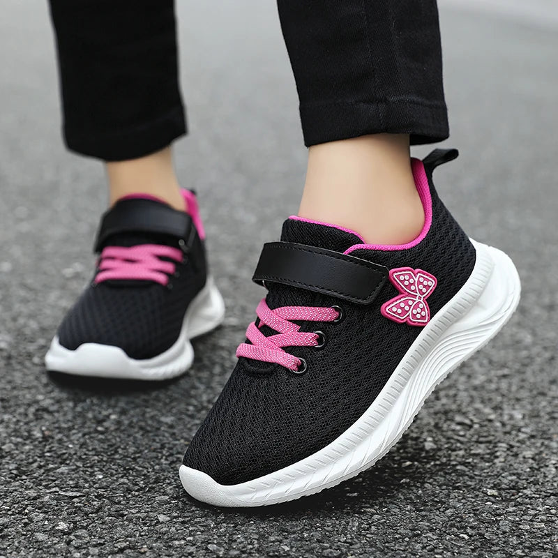 Girls Sports Running Shoes with Velcro Breathable Mesh Casual Sneakers Toddler Girl Lightweight Walking Shoes Non-Slip Sole