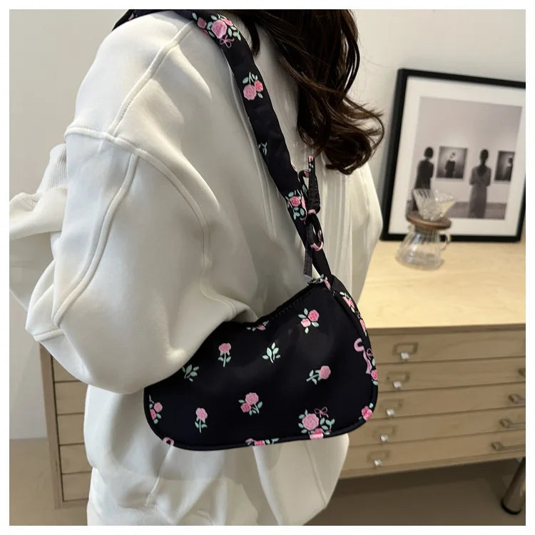 Women's Bags 2025 Summer Nylon Pleated Handbags Armpit Bag Korean Floral Bow Printed Zipper Tote Bag Female Small Shoulder Bags