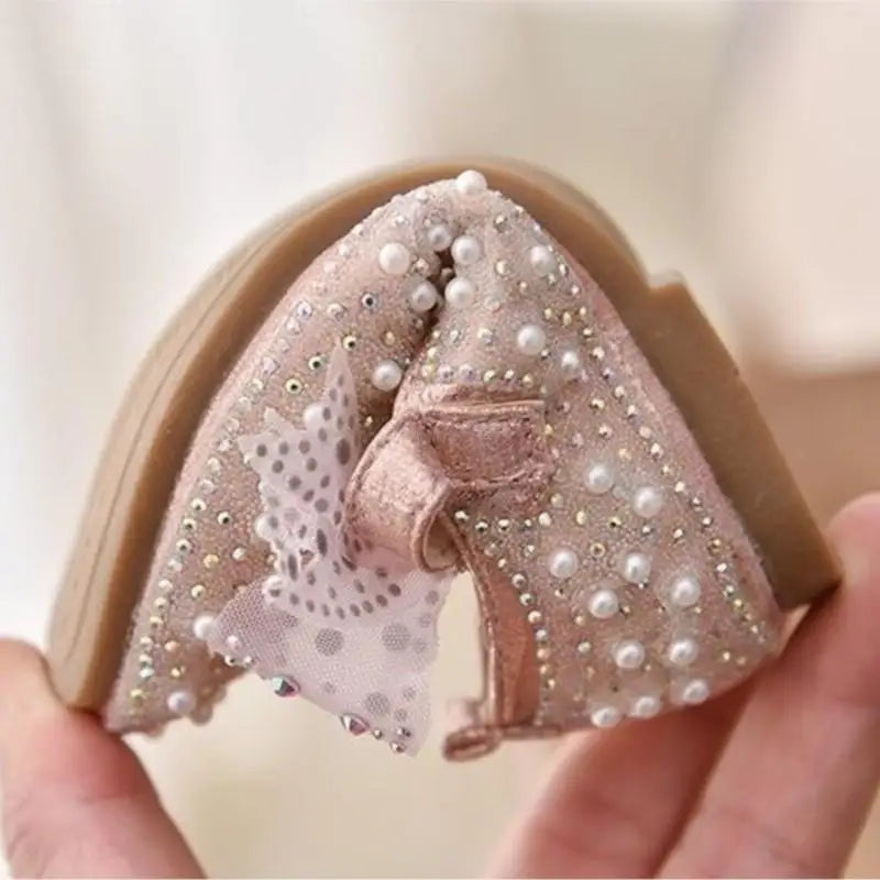 Girl's Princess Shoes Children's Fashion Bow Rhinestone Leather Kids Shoe 2025 New Baby Girls Party Student Flat Shoes