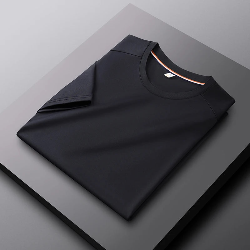 High quality solid color round neck men's short sleeved T-shirt 2024 summer comfortable silk ice feeling casual business
