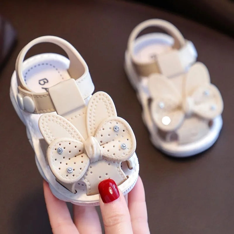 New Summer Aged 0-3 Cute Bow Rhinestone Baby Shoes For Girls Non-Slip Soft-Soled Children Toddler Kids Sandals With Covered Toes