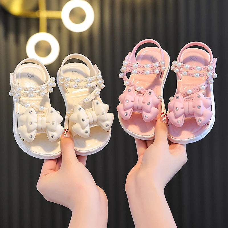 New Summer Bow Pearl Ornament Flat Sandals For Girls Aged 1-7 Children Slippers Non-slip Outdoors Seabeach Flip Flops Kids Shoes