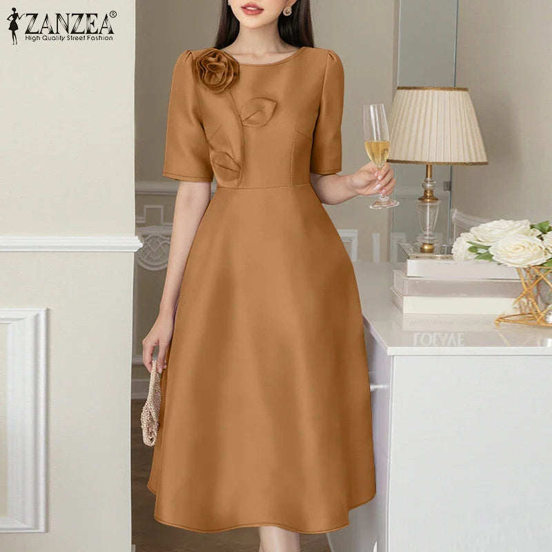 ZANZEA Elegant Woman Party Dresses Shiny Satin Round Neck Short Sleeve Fabric Flower A-line Robes Femme Fashion Midi Vestidos