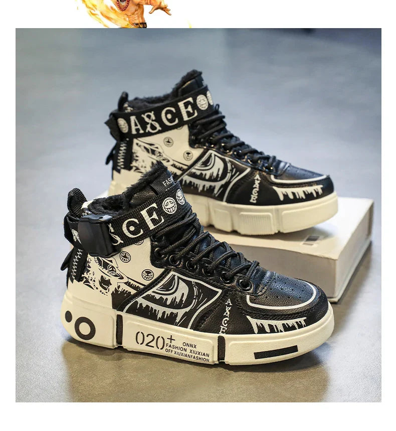 Boys' high-top sneakers Autumn/Winter new style children's sports shoes Buckle student soft-soled fleece casual shoes