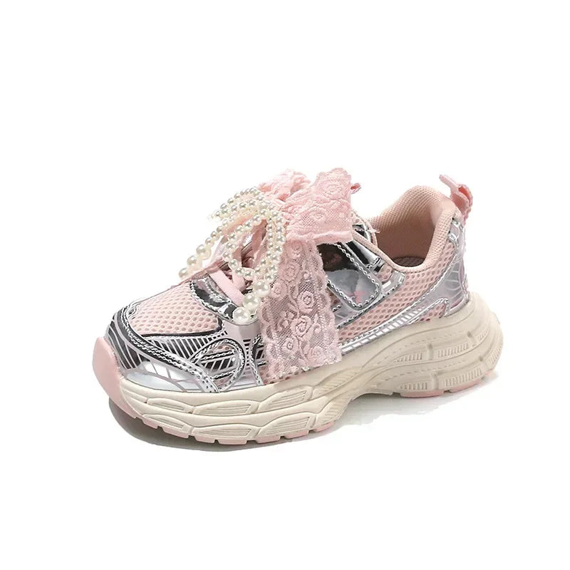 Girls Running Shoes with Sweet Mesh Bow Kids Sports Shoes Breathable 2025 New Fashion Children Sneakers Princess Style Cute