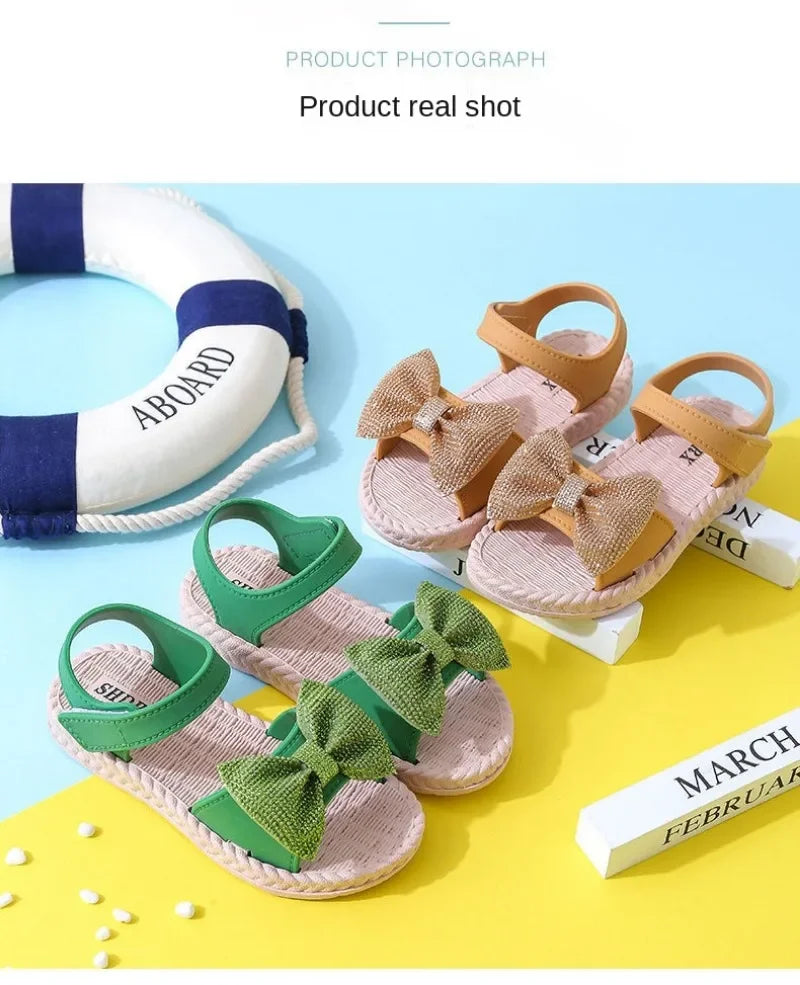 Kids Shoes Summer Girls Sandals Bow Non-slip Soft Soled Versatile Solid Korean Children Sweet Princess Shoes Beach Sandals